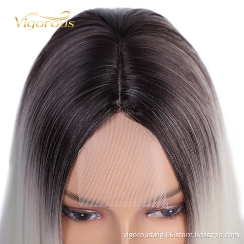 Dropshipping Short Straight Pre Plucked Ombre White Black Bob Lace Front For Women Fiber Wig Synthetic Hair